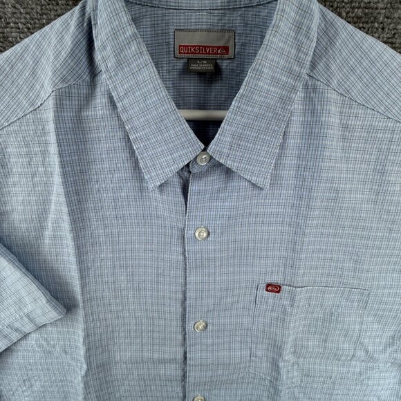 Quiksilver Rayon Polyester Check Short Sleeve Large Point Blue Pocket Mens Shirt - Picture 1 of 16